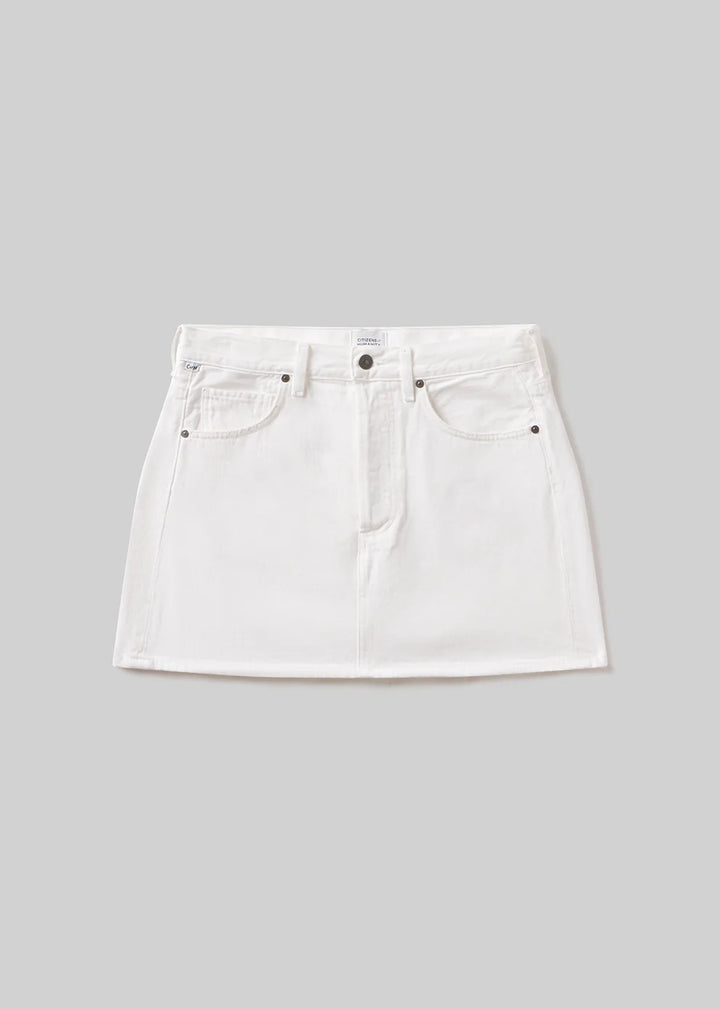 White denim skirt on a gray background