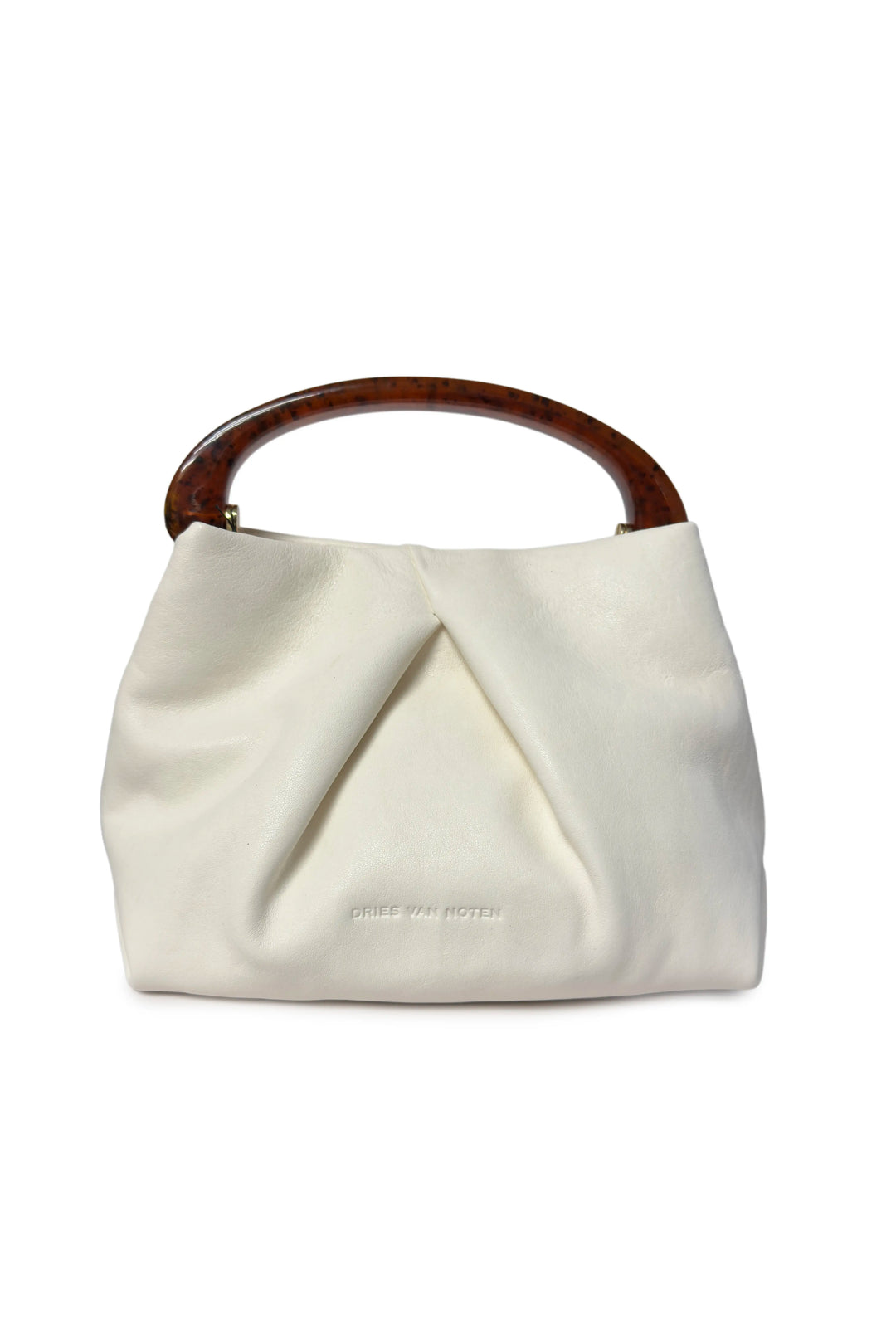 White handbag with wooden handle on a white background
