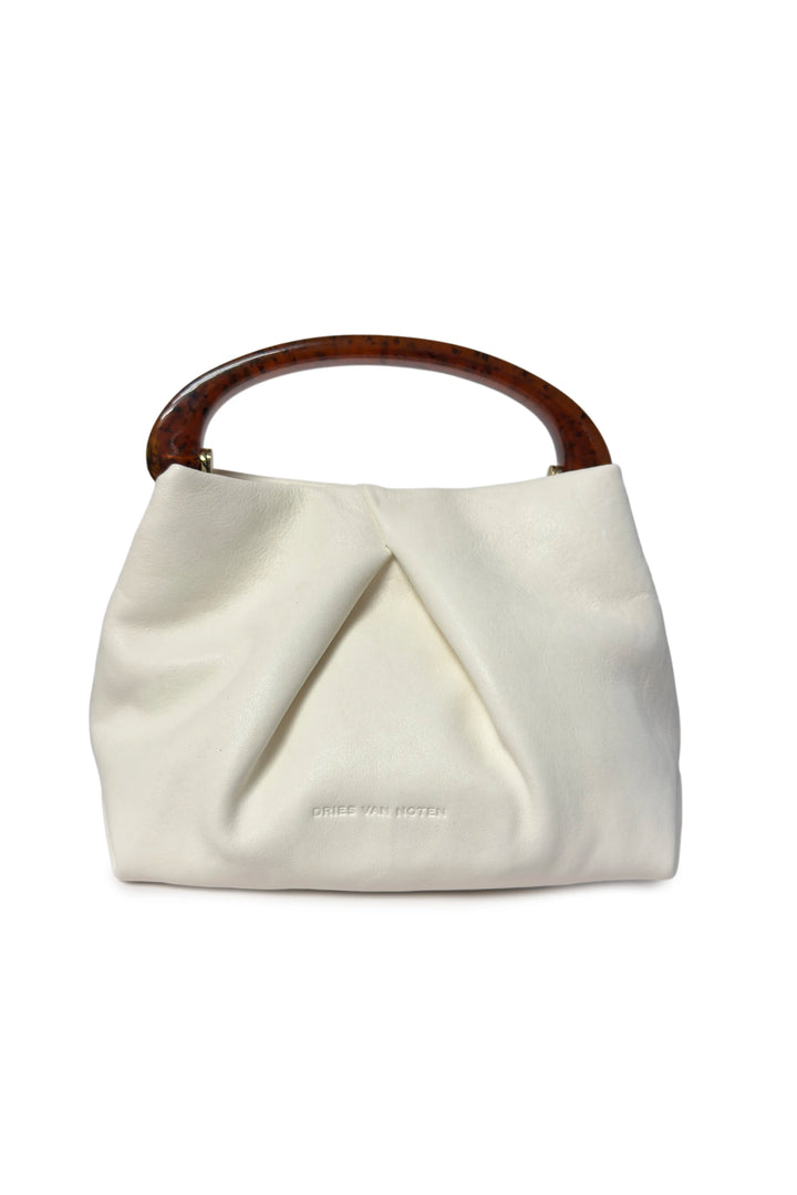 White handbag with wooden handle on a white background