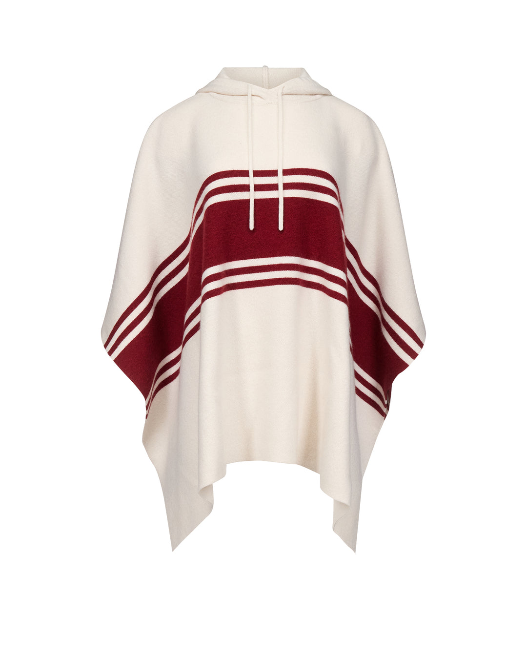 White poncho with red and white striped pattern on a white background