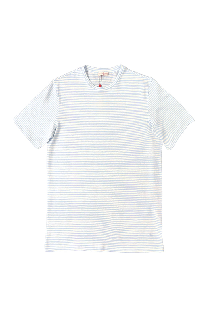 White t-shirt with thin blue stripes on a white background