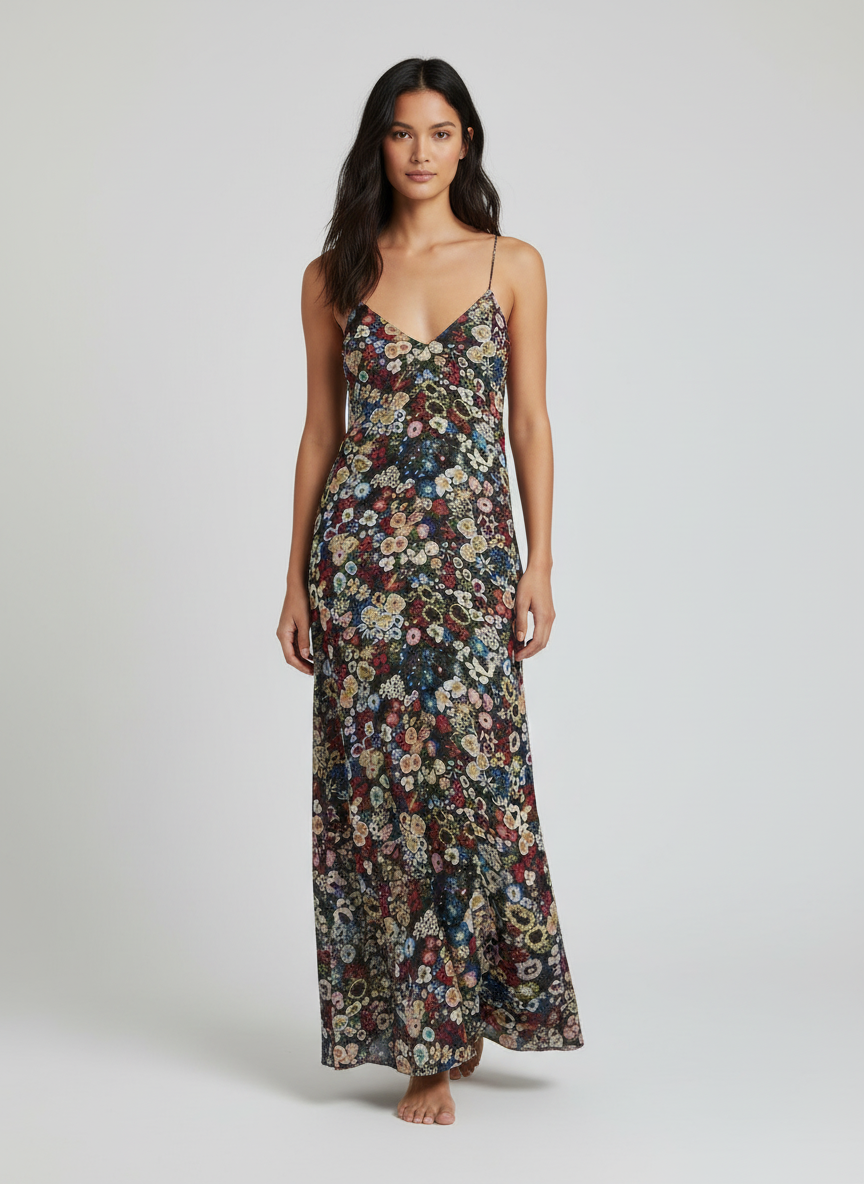 Woman wearing a floral dress on a white background