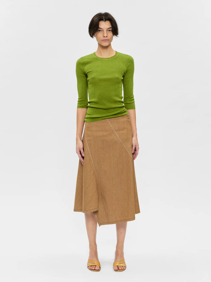 Woman wearing a green top and brown skirt on a white background