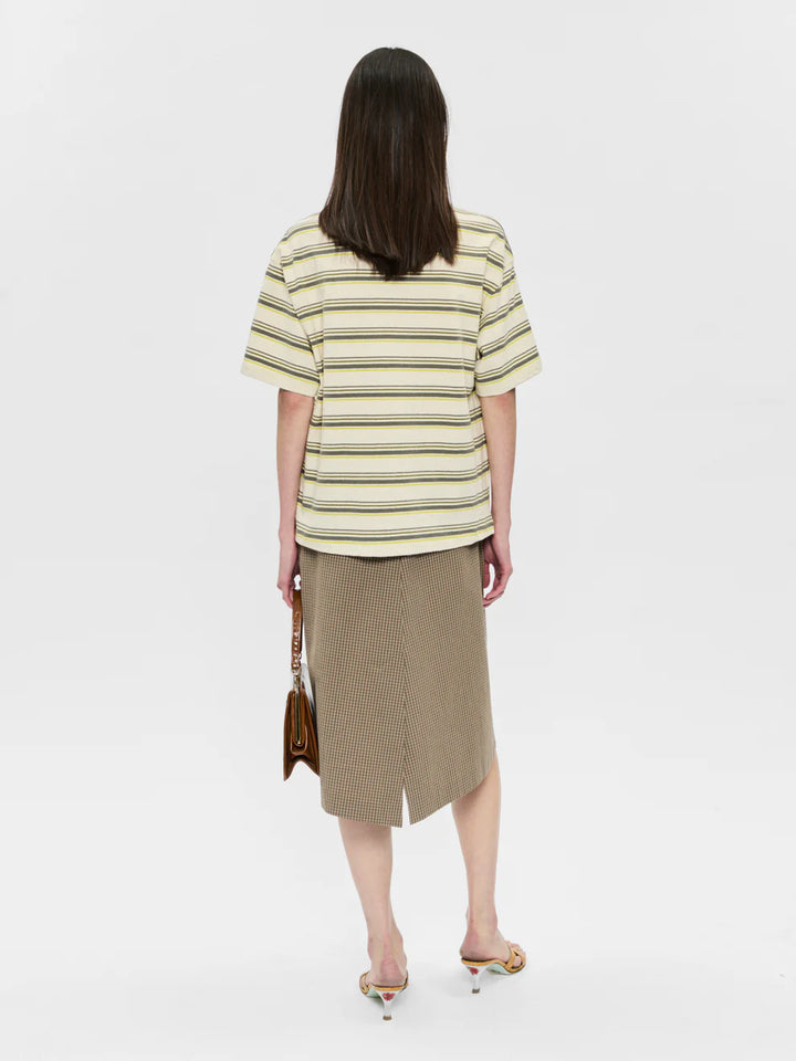 Woman wearing a striped shirt and skirt on a white background