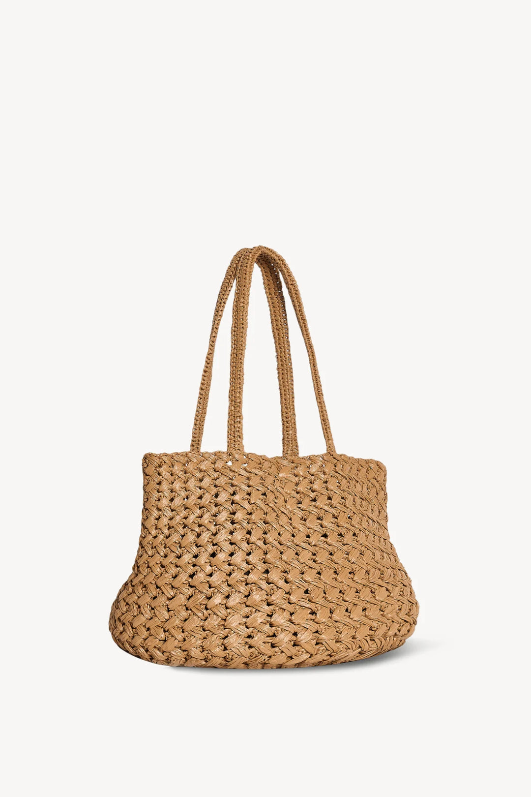 Woven brown handbag on a white background