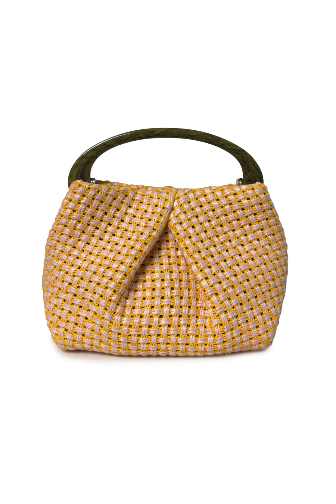 Yellow woven handbag with a black handle on a white background