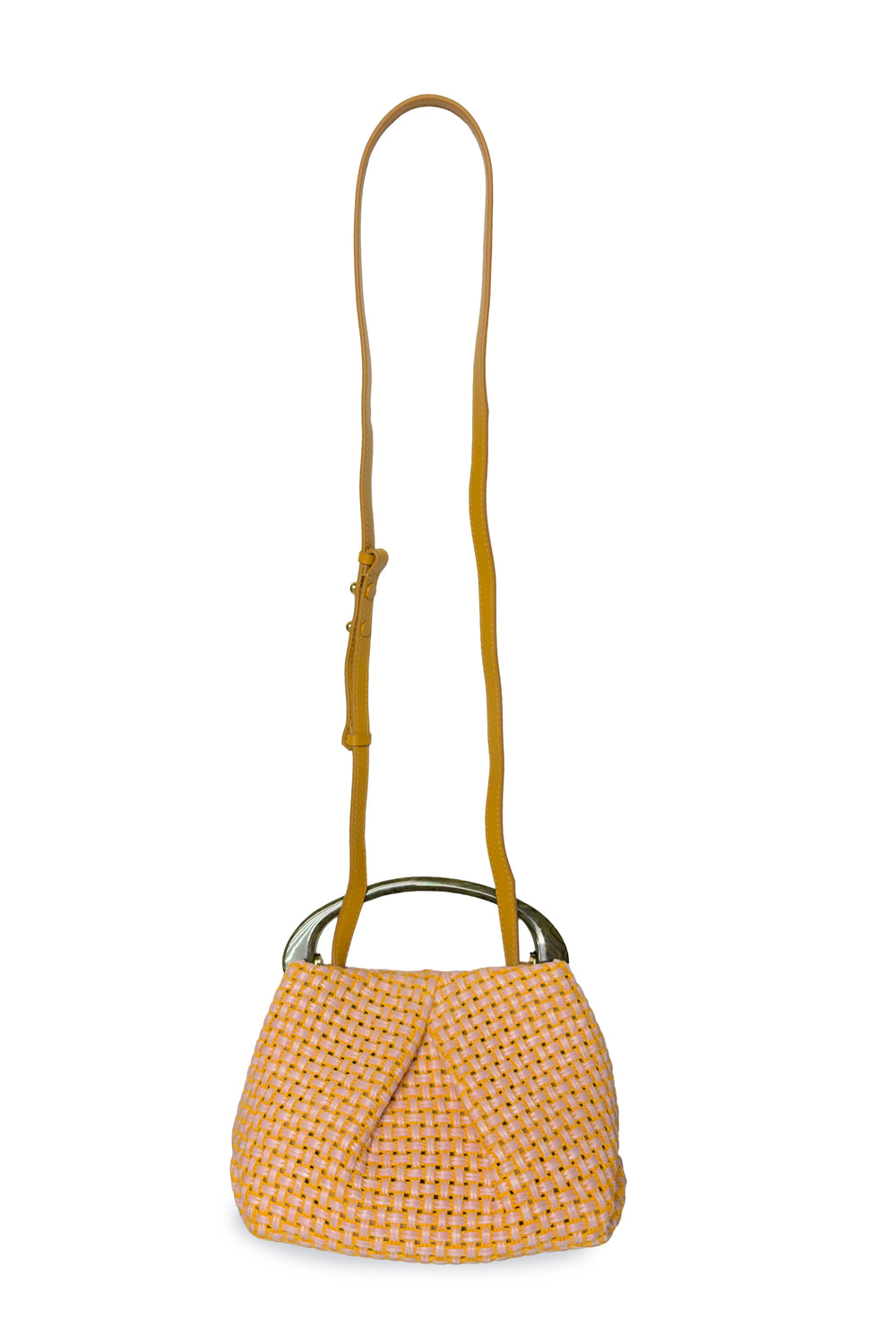 Yellow woven handbag with a strap on a white background