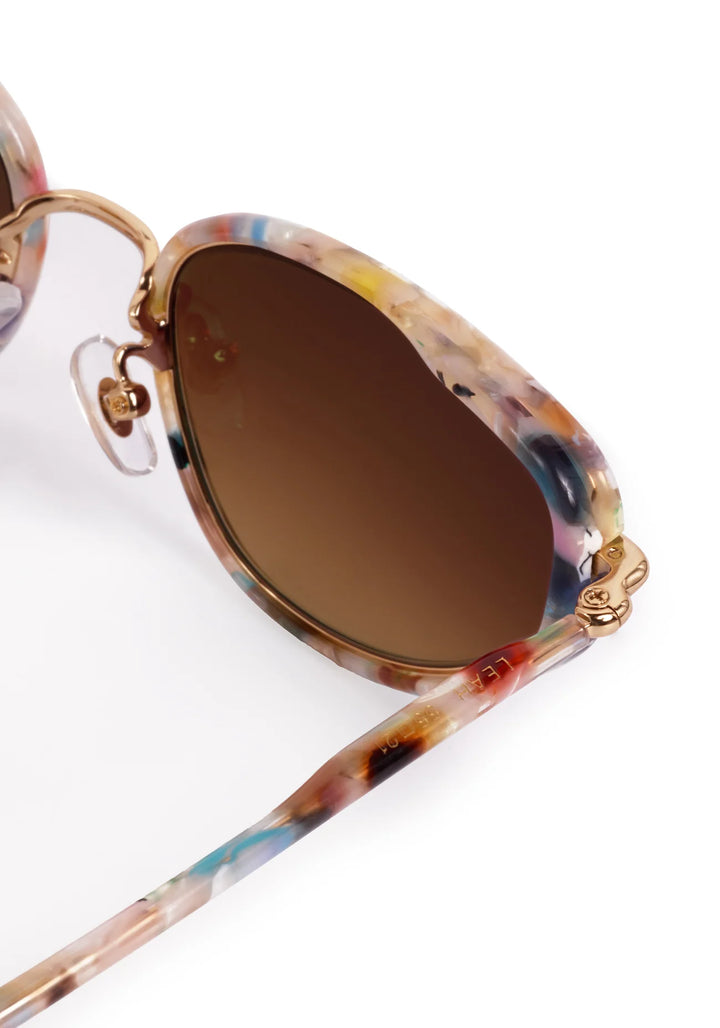 Sunglasses with tortoiseshell frame and brown lens on a white background