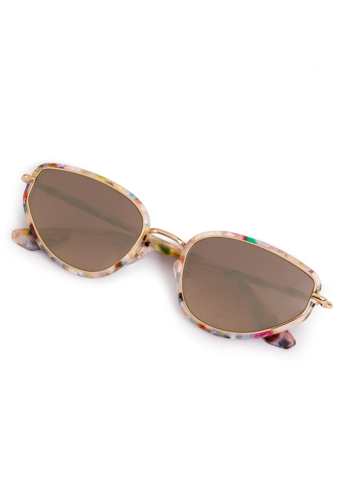 Sunglasses with colorful frame and brown lenses on a white background