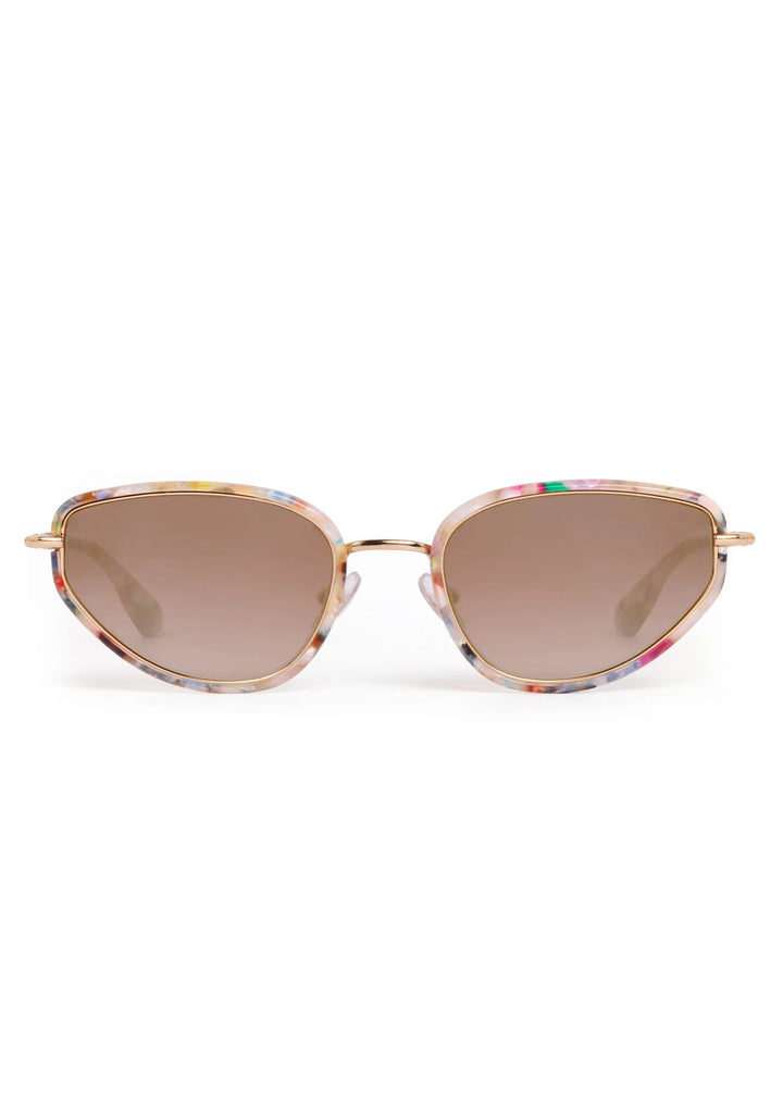Sunglasses with colorful frame and brown lenses on a white background