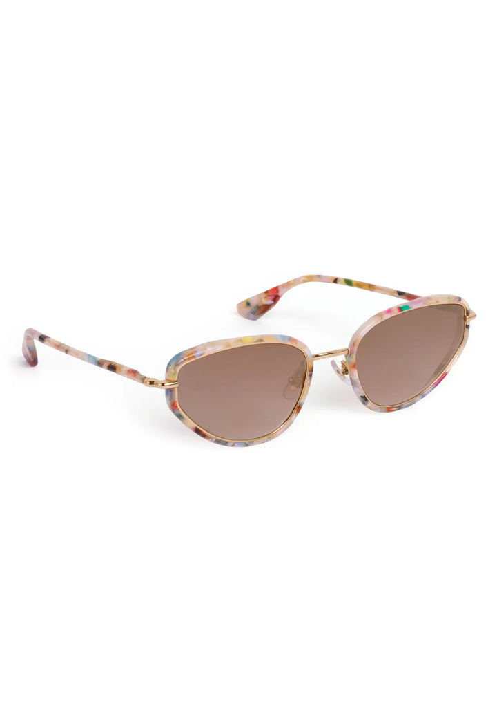 Sunglasses with tortoiseshell frame and brown lenses on a white background