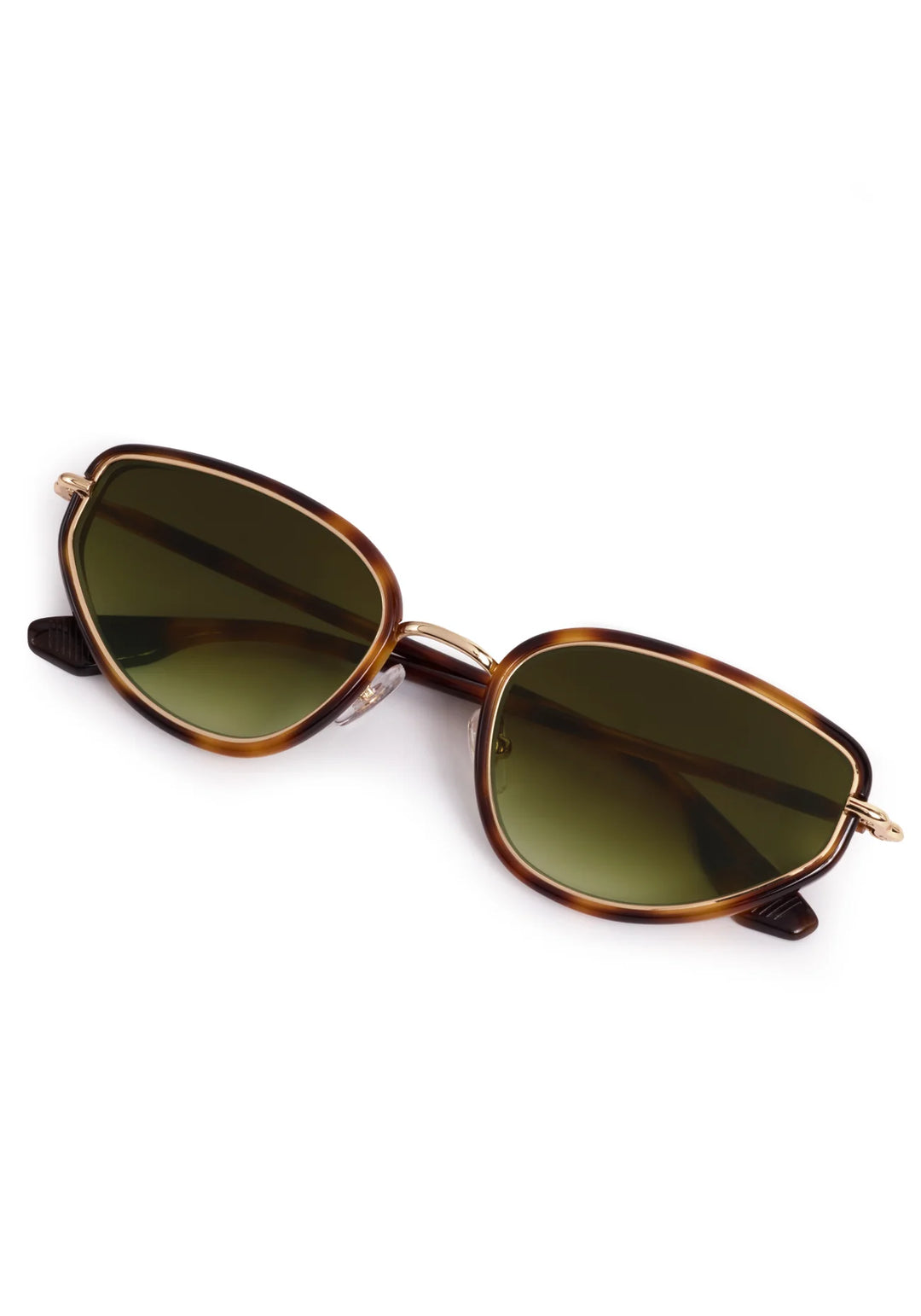 Sunglasses with gold frame and green lenses on a white background