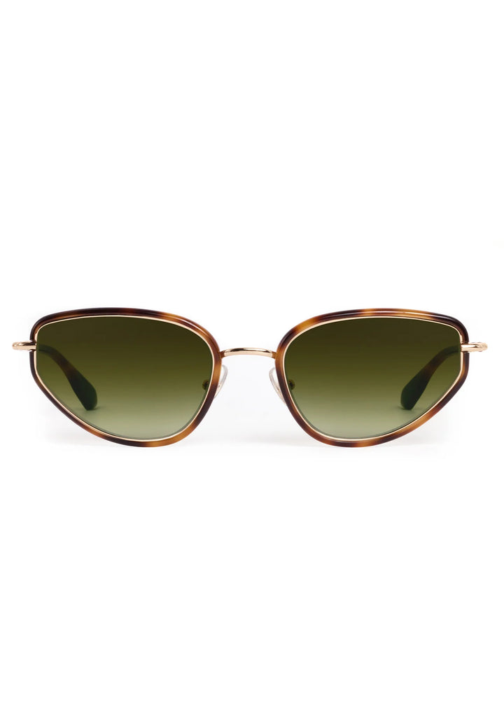 Sunglasses with tortoiseshell frame and gradient lenses on a white background