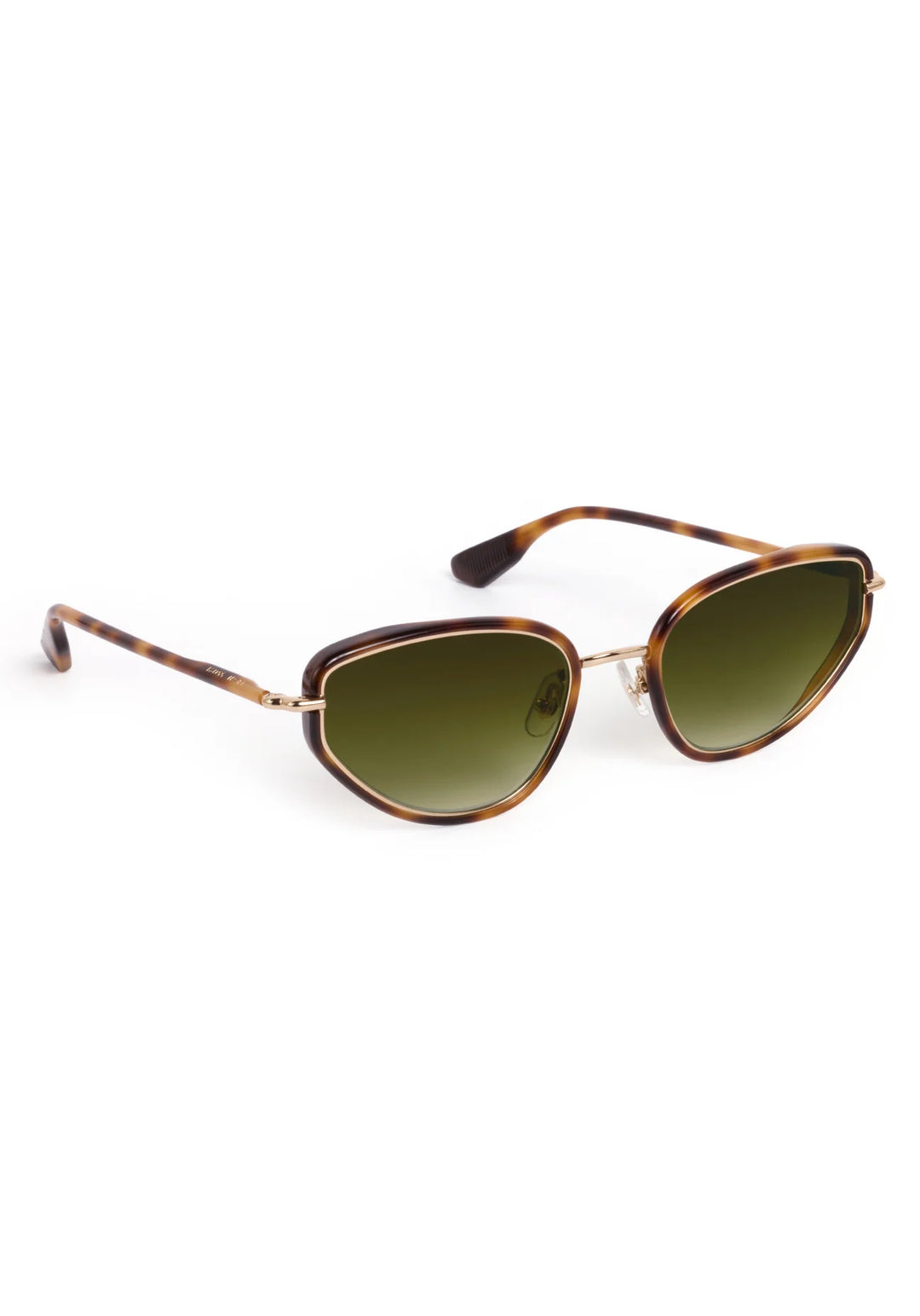Sunglasses with gold frame and gradient lenses on a white background