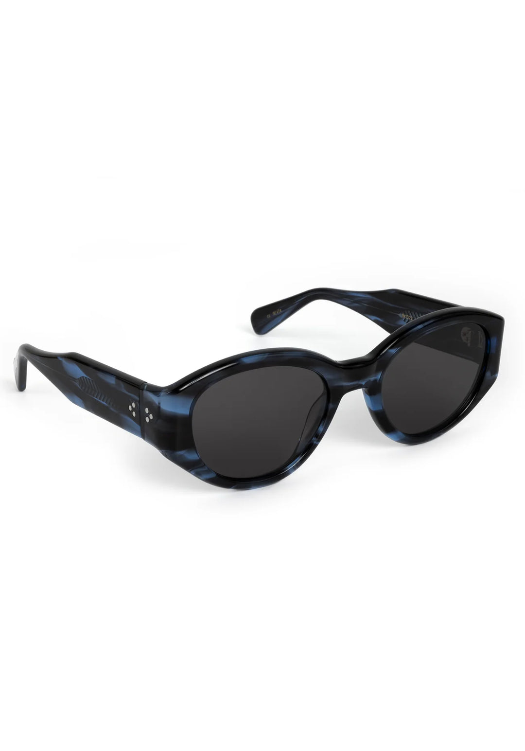 Sunglasses with blue tortoiseshell frame and dark lenses on a white background
