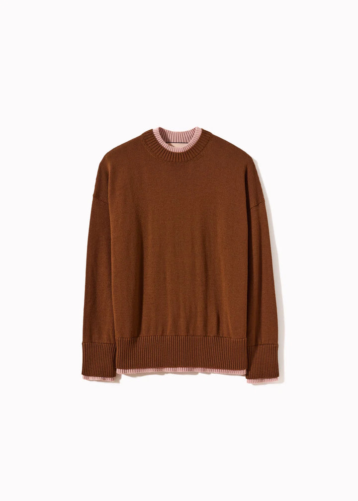 PLAN C BROWN WOOL SWEATER WITH PINK CONTRAST DETAILS