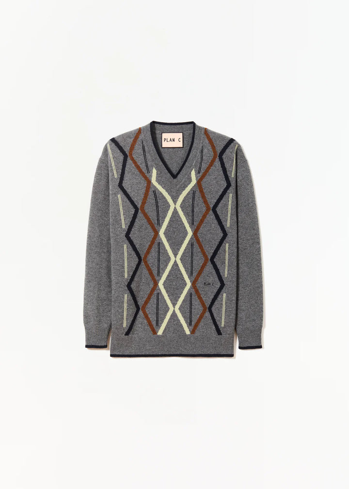 PLAN C ARGYLE CASHMERE V-NECK