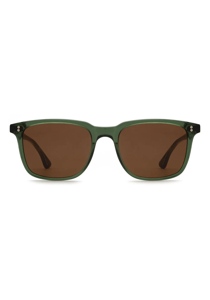 Sunglasses with green frame and brown lenses on a white background