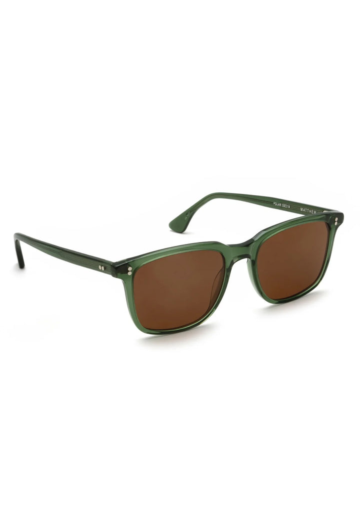 Green sunglasses with brown lenses on a white background
