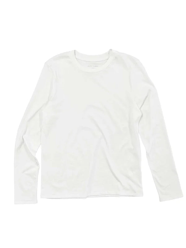 A long sleeve white mini boy tee for women laid out flat on a plain surface.