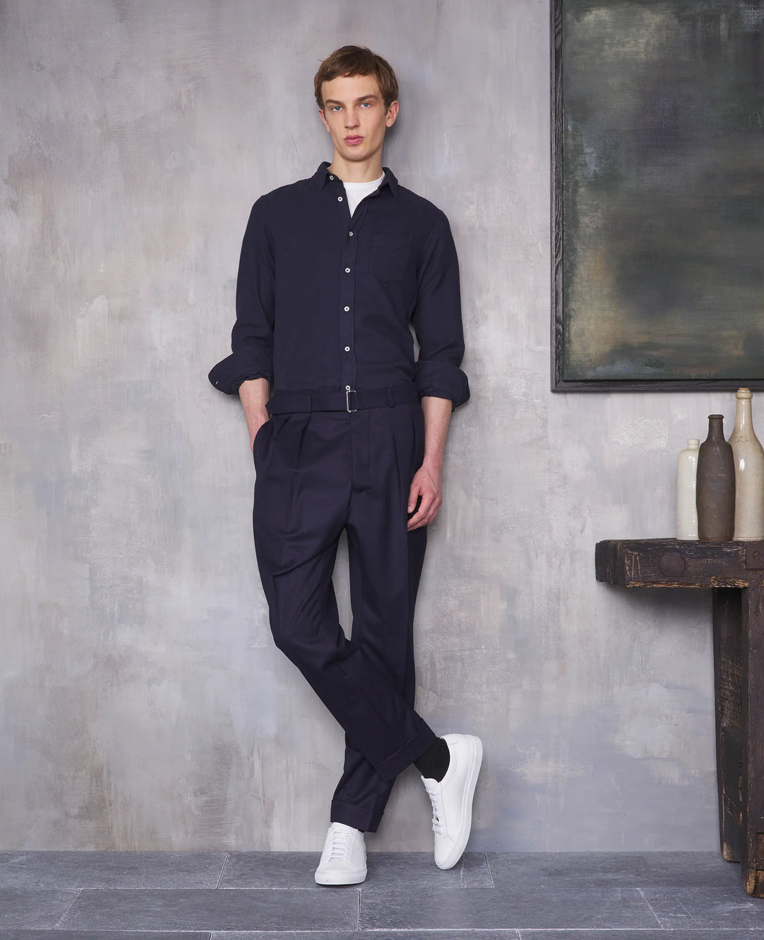 Officine Generale Lipp Shirt in Navy Brushed Cotton