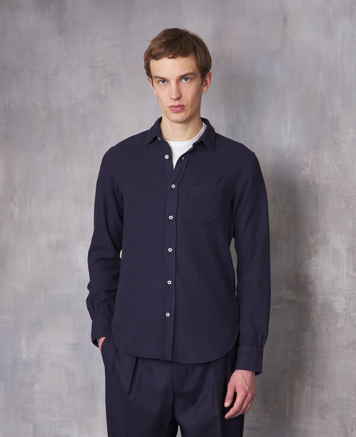 Officine Generale Lipp Shirt in Navy Brushed Cotton
