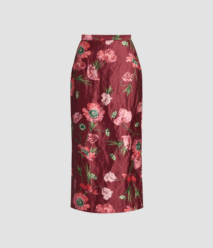 ERDEM FLORAL TEXTURED SATIN MIDI PENCIL SKIRT