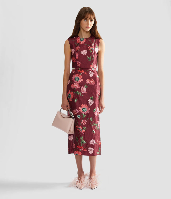 ERDEM FLORAL TEXTURED SATIN MIDI PENCIL SKIRT