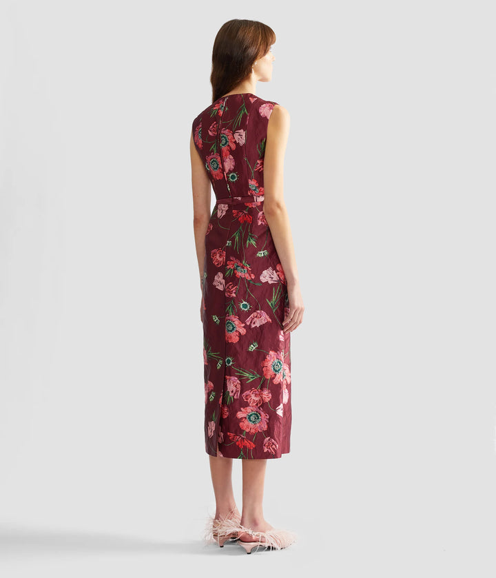 ERDEM FLORAL TEXTURED SATIN MIDI PENCIL SKIRT