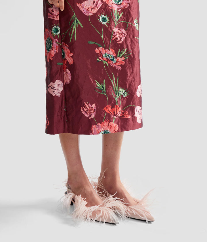 ERDEM FLORAL TEXTURED SATIN MIDI PENCIL SKIRT