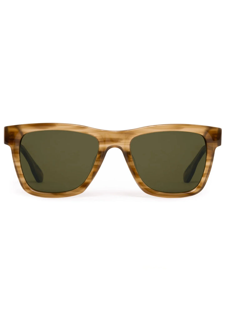 Wooden-framed sunglasses with green lenses on a white background