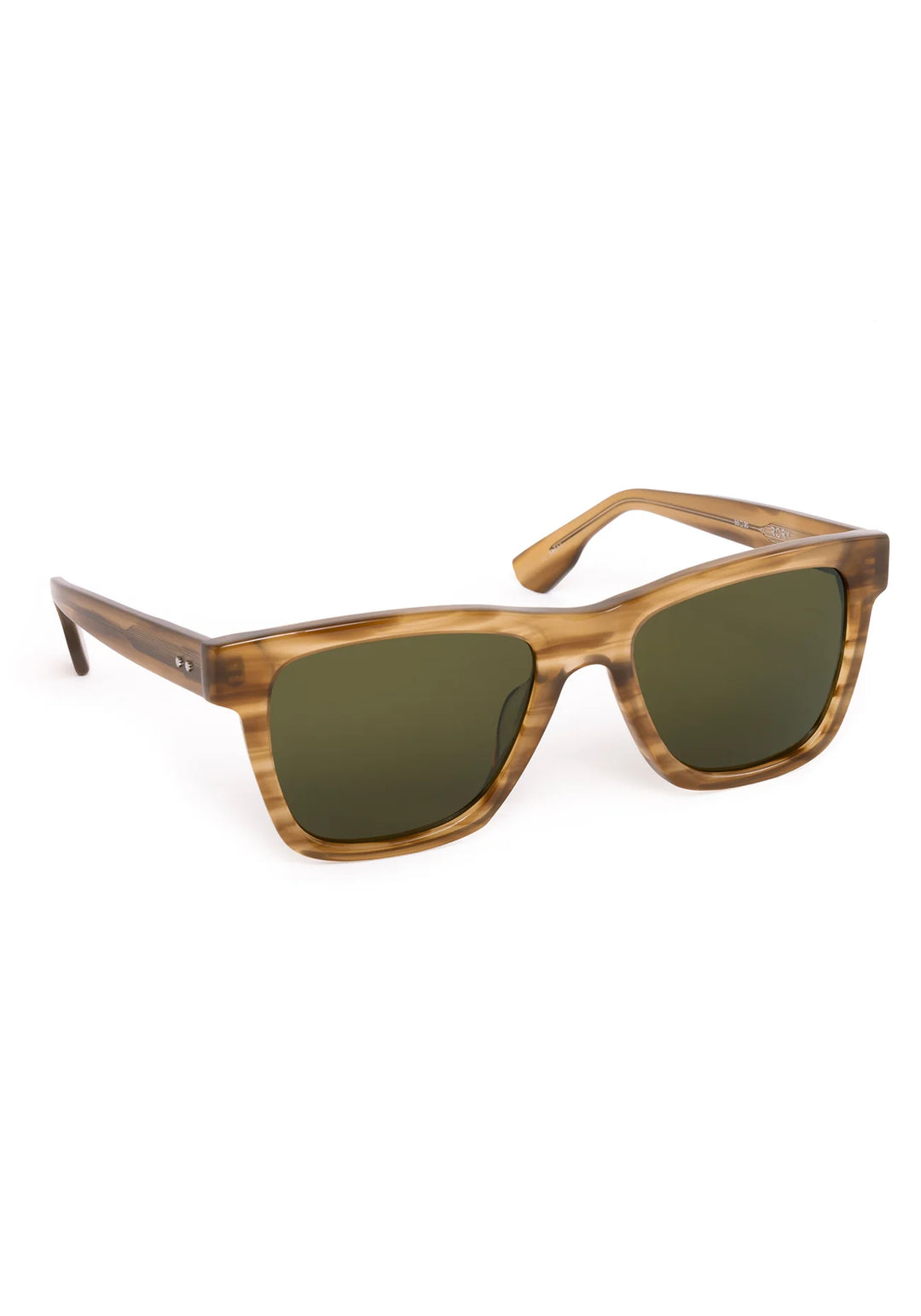 Wooden-framed sunglasses with green lenses on a white background