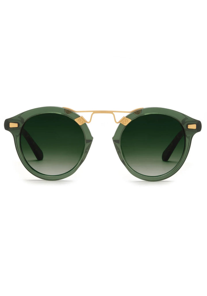 Green sunglasses with gold frame on a white background
