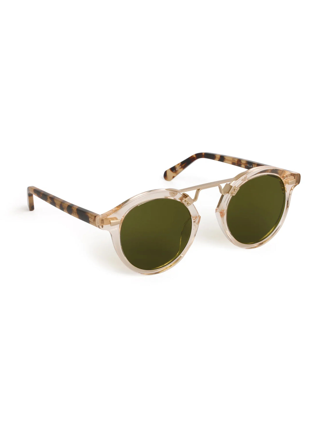 Sunglasses with gold frame and green lenses on a white background