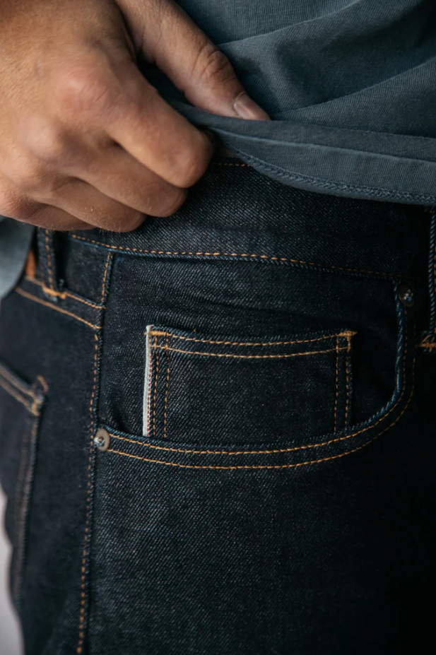 Close-up of dark blue jeans with a hand adjusting the waistband.