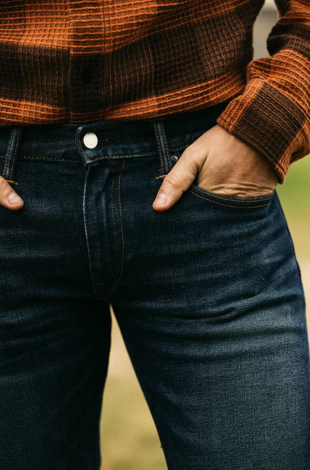 Person wearing a brown plaid shirt and dark blue jeans with a blurred natural background