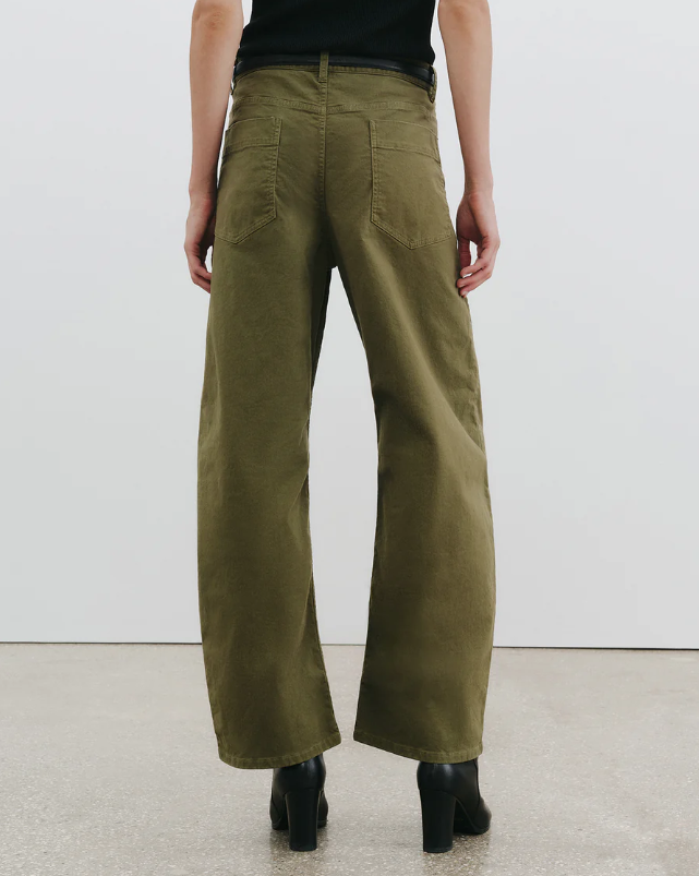 Person wearing olive green wide-leg pants on a plain background
