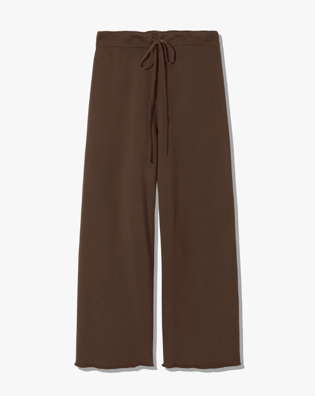 Brown wide-leg pants with a drawstring waist on a white background
