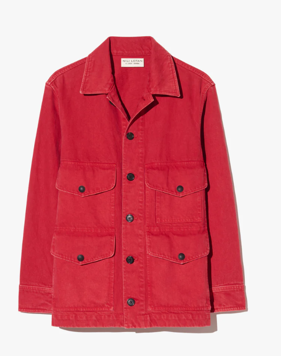 Red jacket with black buttons on a white background