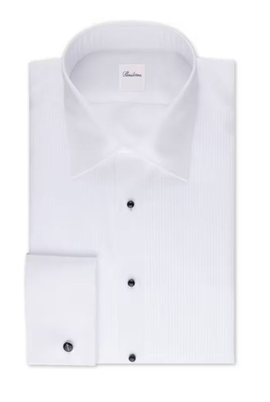 White dress shirt with black buttons on a white background