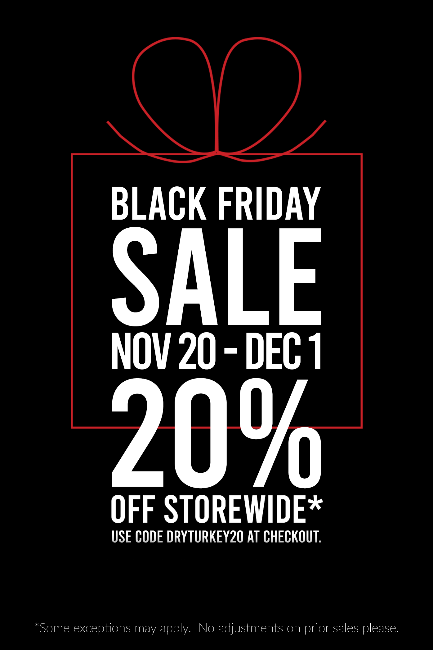 Black Friday sale advertisement with text and a red bow on a black background