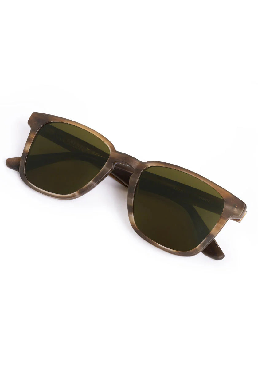 Brown sunglasses with green lenses on a white background