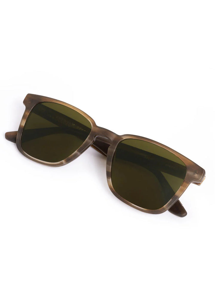 Brown sunglasses with green lenses on a white background