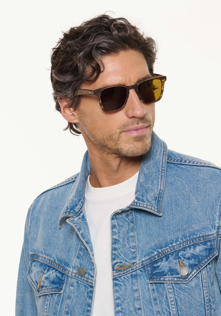 Man wearing sunglasses and a denim jacket on a white background