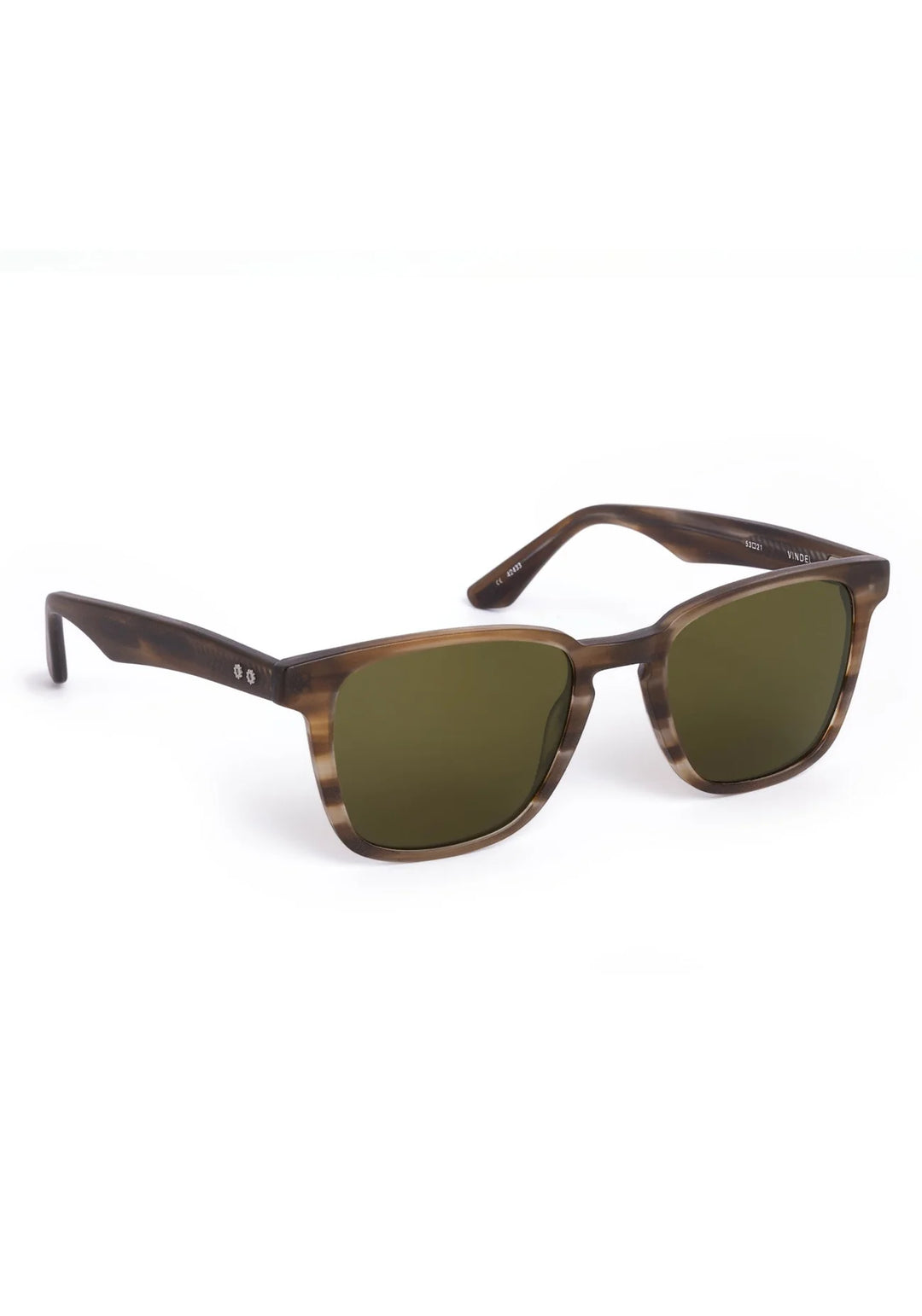 Sunglasses with brown frame and green lenses on a white background