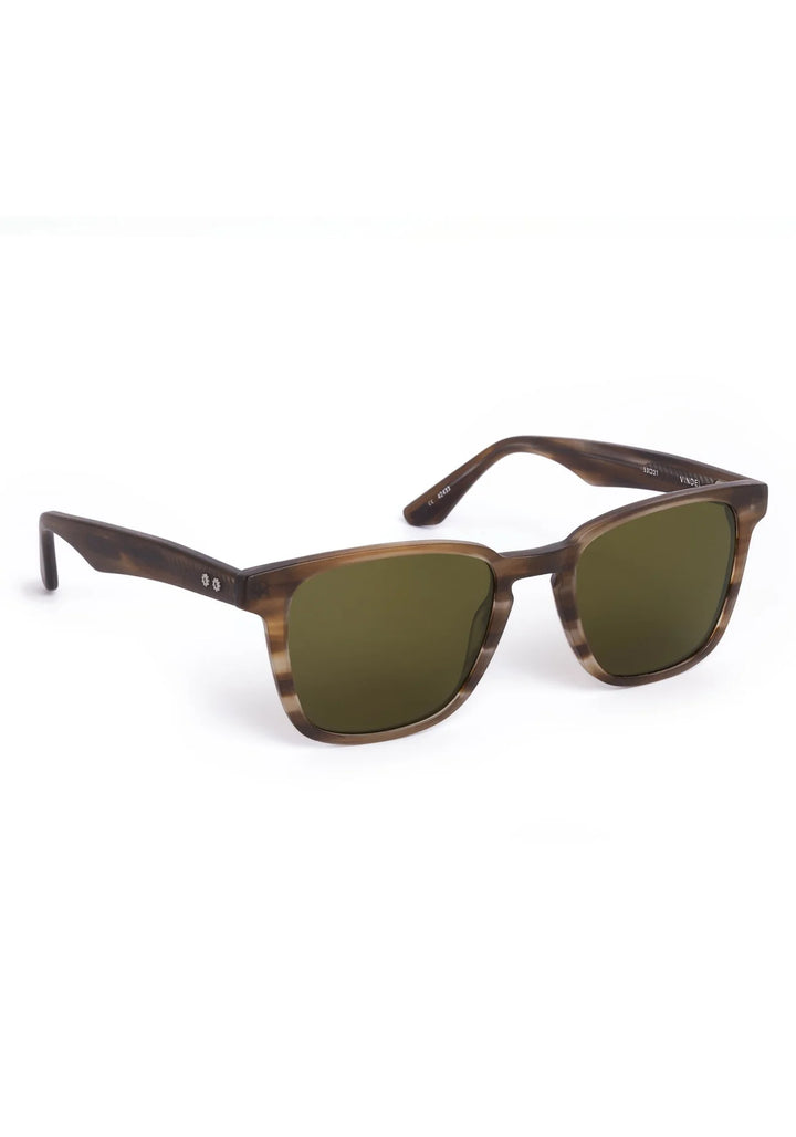 Sunglasses with brown frame and green lenses on a white background
