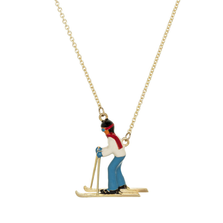 Necklace with a pendant of a skier on a white background