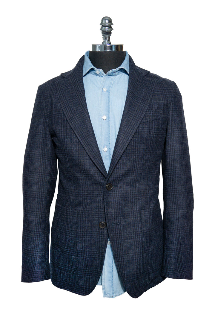 Luciano Barbera Wool Blue and Navy Tonal Plaid Jacket