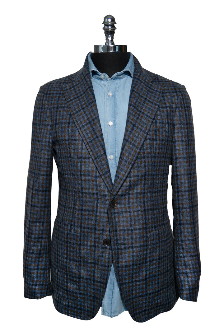 Luciano Barbera Men's Blue and Rust Check Sport Jacket in Cashmere
