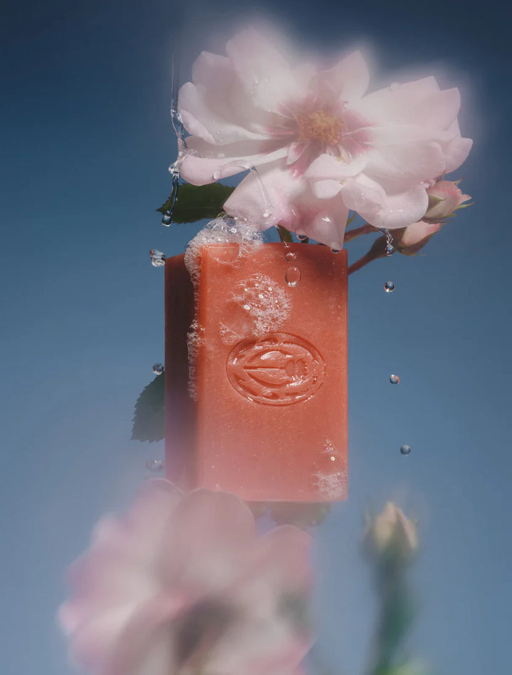 Bar of soap with water droplets surrounded by pink flowers against a blue sky